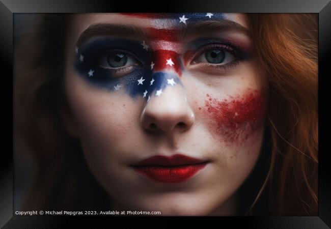 Independence day celebration close up of woman face painted with Framed Print by Michael Piepgras