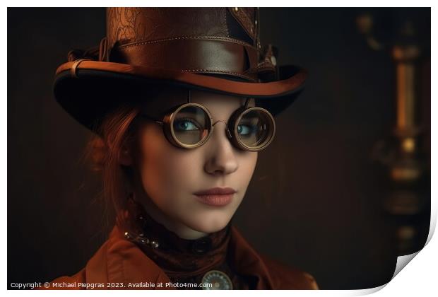 A beautiful portrait of a young woman in a steampunk outfit crea Print by Michael Piepgras