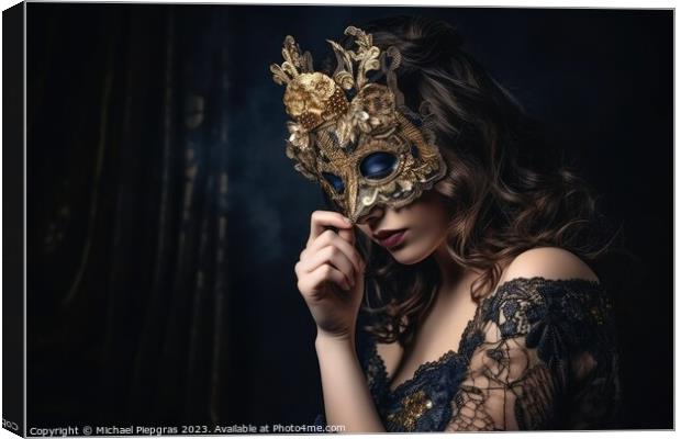 A beautiful woman in an elegant dress with a Venetian carnival m Canvas Print by Michael Piepgras