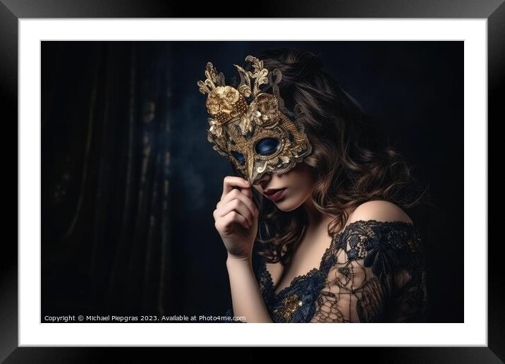 A beautiful woman in an elegant dress with a Venetian carnival m Framed Mounted Print by Michael Piepgras