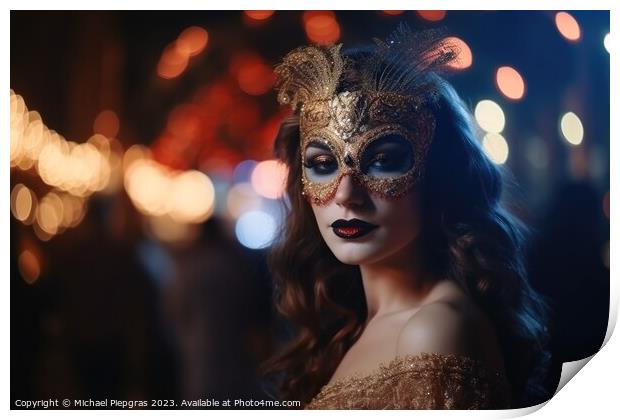 A beautiful woman in an elegant dress with a Venetian carnival m Print by Michael Piepgras
