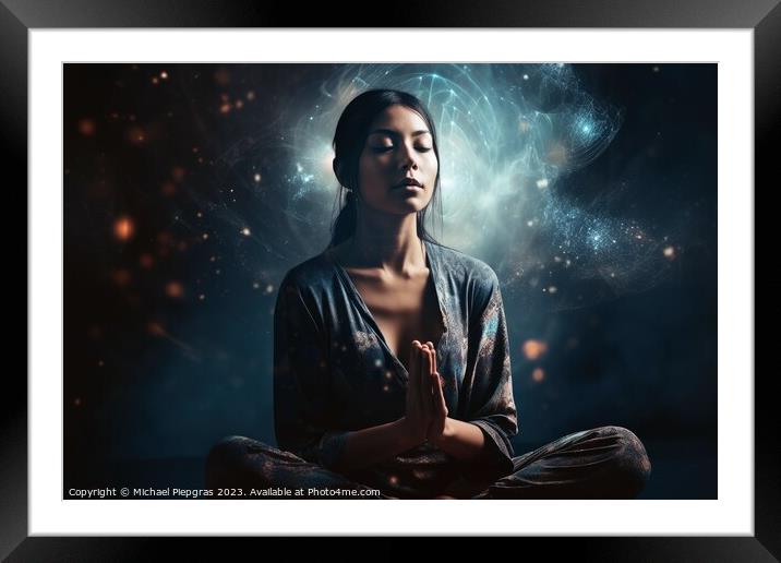 A girl in Lotus position meditating with esoteric energy created Framed Mounted Print by Michael Piepgras