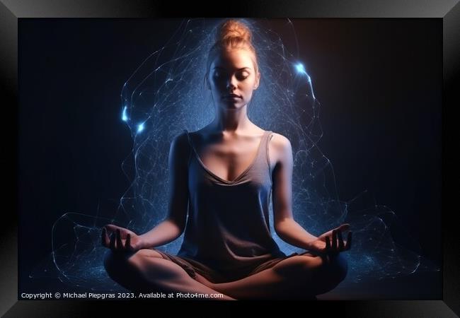 A girl in Lotus position meditating with esoteric energy created Framed Print by Michael Piepgras