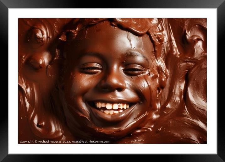 A happy childs face made of chocolate created with generative AI Framed Mounted Print by Michael Piepgras