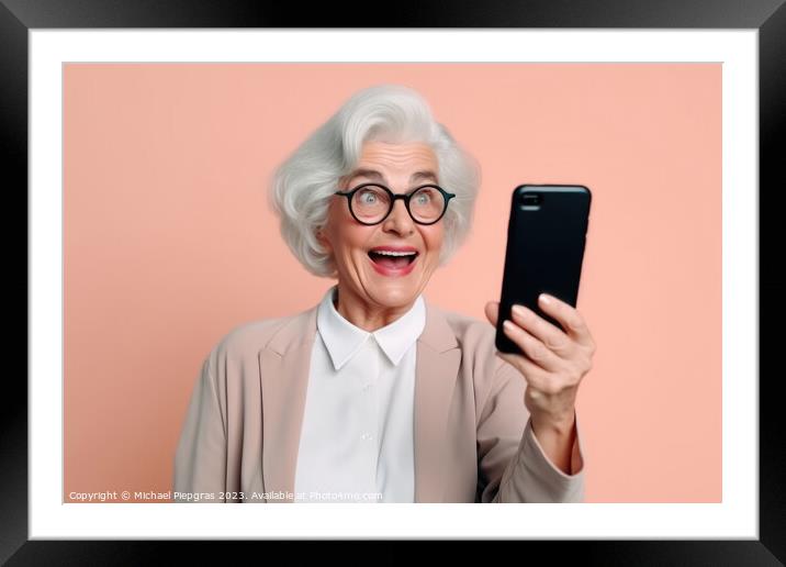 A happy retired old woman holding a smartphone in her hands crea Framed Mounted Print by Michael Piepgras