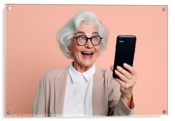 A happy retired old woman holding a smartphone in her hands crea Acrylic by Michael Piepgras