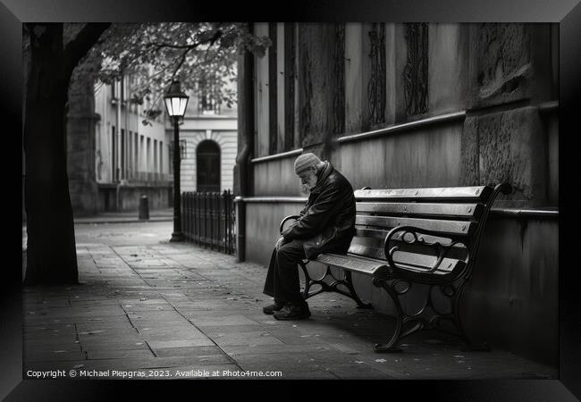 A lonely and sad person sitting on a bench created with generati Framed Print by Michael Piepgras