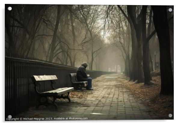 A lonely and sad person sitting on a bench created with generati Acrylic by Michael Piepgras