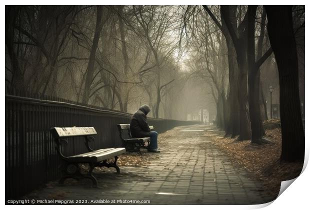 A lonely and sad person sitting on a bench created with generati Print by Michael Piepgras