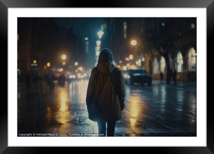 A lonely woman runs around at night in a modern city while it is Framed Mounted Print by Michael Piepgras
