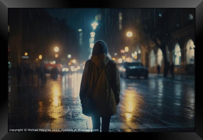 A lonely woman runs around at night in a modern city while it is Framed Print by Michael Piepgras