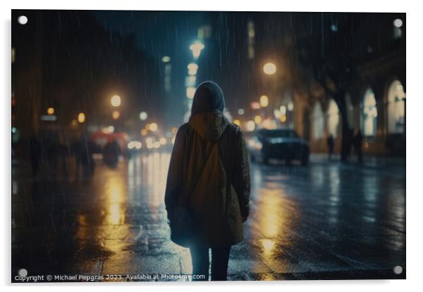 A lonely woman runs around at night in a modern city while it is Acrylic by Michael Piepgras