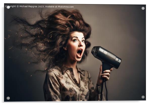 A woman with a very wild hairstyle looks amazed at an exploded h Acrylic by Michael Piepgras