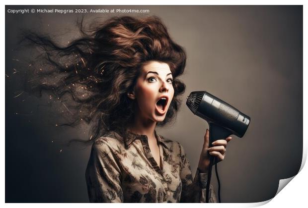 A woman with a very wild hairstyle looks amazed at an exploded h Print by Michael Piepgras