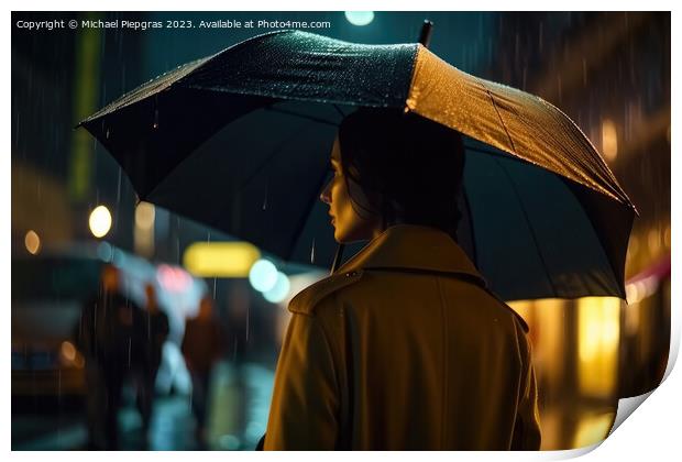 A young woman with an umbrella seen from behind walks in a moder Print by Michael Piepgras
