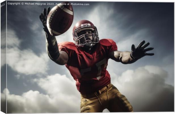 American football in flight being catched by a player created wi Canvas Print by Michael Piepgras
