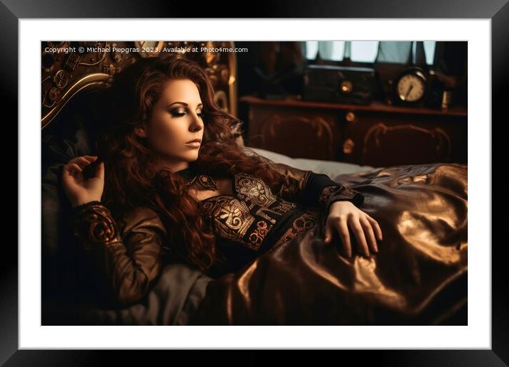 An attractive female steampunk woman cyborg laying on a bed crea Framed Mounted Print by Michael Piepgras