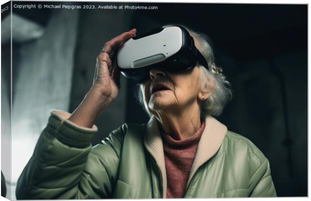 An old woman looking stunned while exploring virtual reality cre Canvas Print by Michael Piepgras