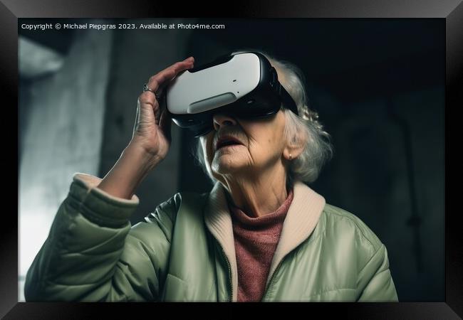 An old woman looking stunned while exploring virtual reality cre Framed Print by Michael Piepgras