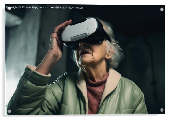 An old woman looking stunned while exploring virtual reality cre Acrylic by Michael Piepgras