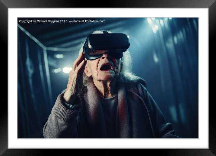 An old woman looking stunned while exploring virtual reality cre Framed Mounted Print by Michael Piepgras