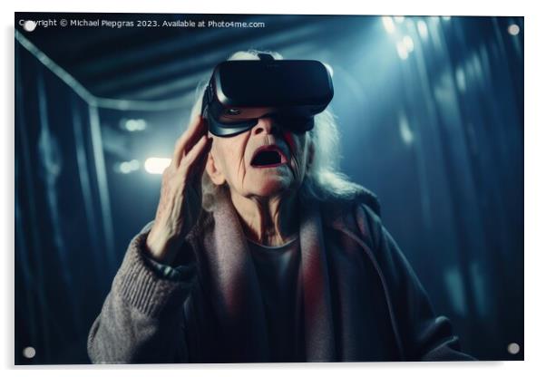 An old woman looking stunned while exploring virtual reality cre Acrylic by Michael Piepgras