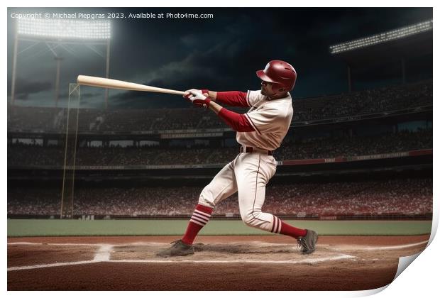 A Baseball player hitting a perfect home run created with genera Print by Michael Piepgras