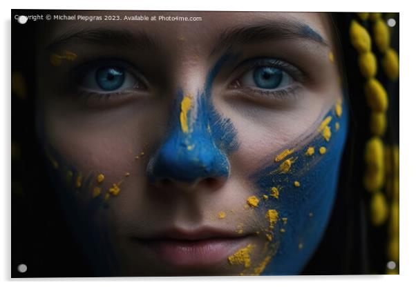 Close up of a female face with ukrainian colors created with gen Acrylic by Michael Piepgras