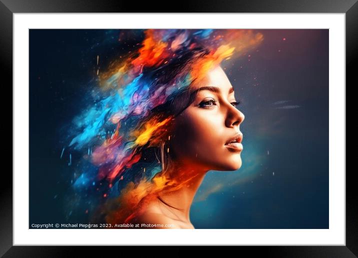 Portrait of a beautiful woman with colorful splashes created wit Framed Mounted Print by Michael Piepgras