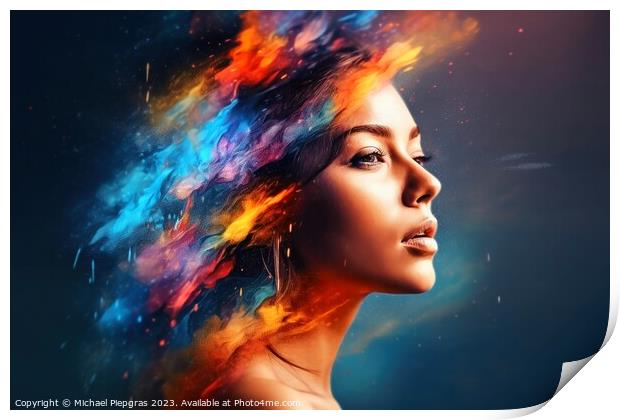 Portrait of a beautiful woman with colorful splashes created wit Print by Michael Piepgras