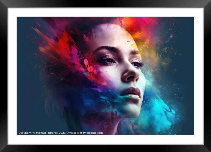 Portrait of a beautiful woman with colorful splashes created wit Framed Mounted Print by Michael Piepgras