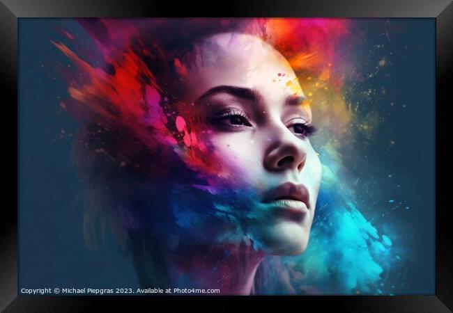 Portrait of a beautiful woman with colorful splashes created wit Framed Print by Michael Piepgras
