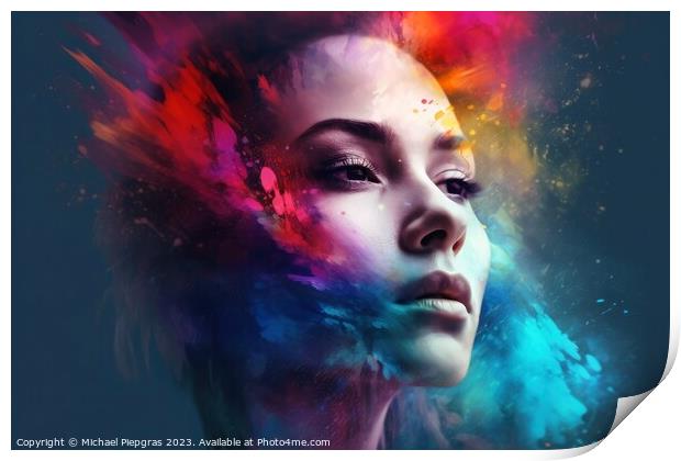 Portrait of a beautiful woman with colorful splashes created wit Print by Michael Piepgras