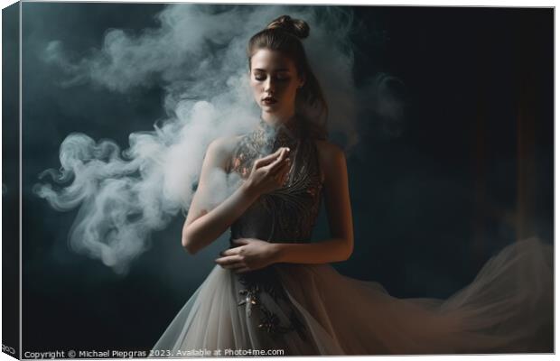 Gorgeous woman with an elegant dress and some smoke created with Canvas Print by Michael Piepgras