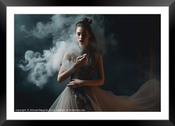 Gorgeous woman with an elegant dress and some smoke created with Framed Mounted Print by Michael Piepgras