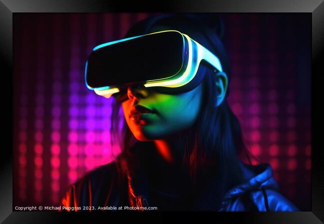 Woman exploring virtual reality in a close up neon colors create Framed Print by Michael Piepgras