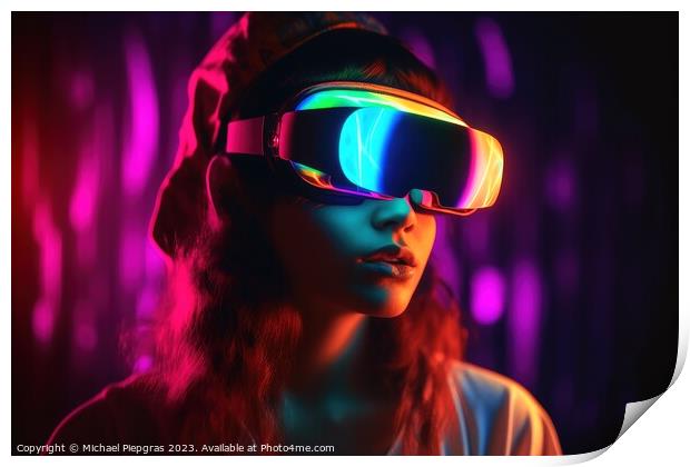 Woman exploring virtual reality in a close up neon colors create Print by Michael Piepgras