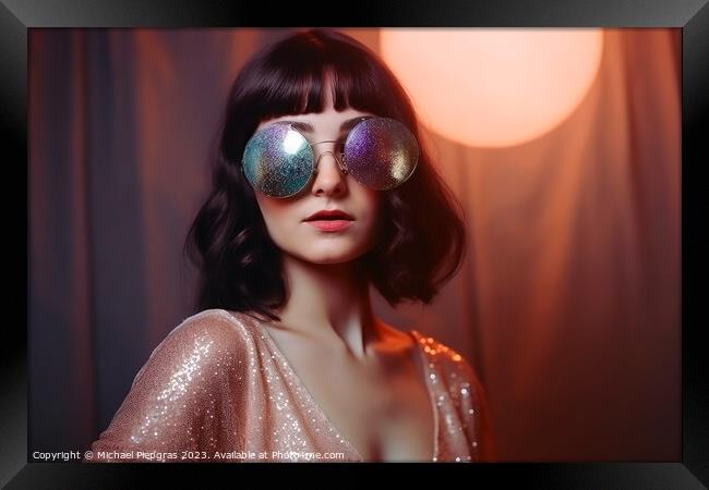 Young woman in an 80s disco outfit created with generative AI te Framed Print by Michael Piepgras
