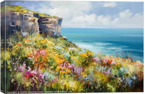 Cliffs Sea and Wild Flowers Three Canvas Print by Robert Deering