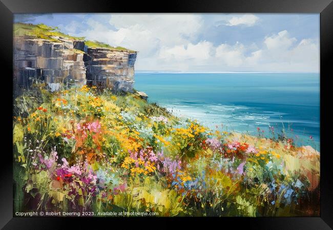 Cliffs Sea and Wild Flowers Three Framed Print by Robert Deering