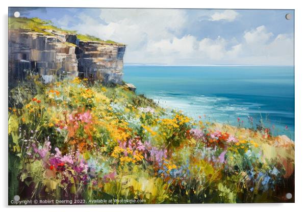 Cliffs Sea and Wild Flowers Three Acrylic by Robert Deering