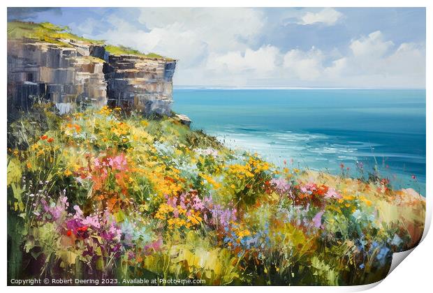 Cliffs Sea and Wild Flowers Three Print by Robert Deering