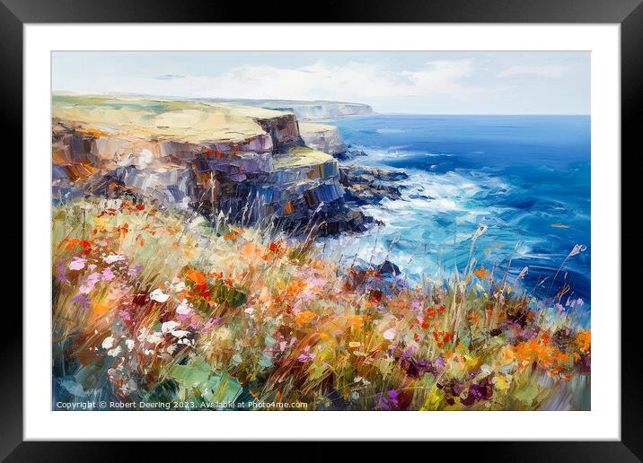 Cliffs Sea and Wild Flowers Four Framed Mounted Print by Robert Deering