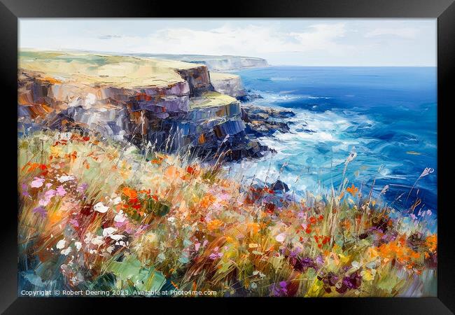 Cliffs Sea and Wild Flowers Four Framed Print by Robert Deering