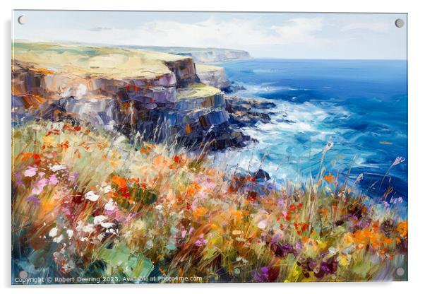 Cliffs Sea and Wild Flowers Four Acrylic by Robert Deering
