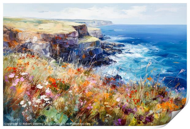 Cliffs Sea and Wild Flowers Four Print by Robert Deering