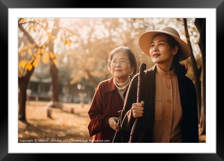 An Asian woman walks with her elderly mother, caring and worryin Framed Mounted Print by Joaquin Corbalan