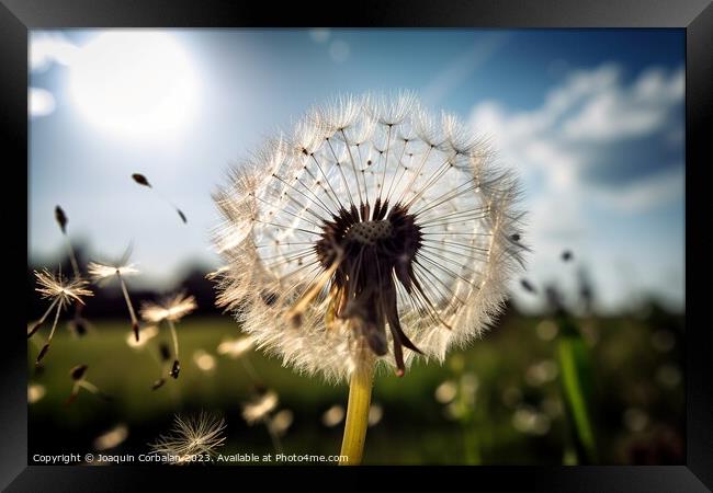 A vibrant yellow dandelion stands tall in a lush green field, sw Framed Print by Joaquin Corbalan