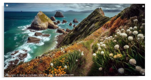 Panorama of the coastline at Nugget point, Otago. Ai generated. Acrylic by Joaquin Corbalan