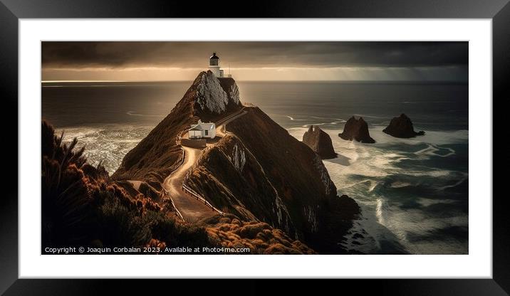 A lighthouse on the edge of a cliff overlooking the vast ocean,  Framed Mounted Print by Joaquin Corbalan